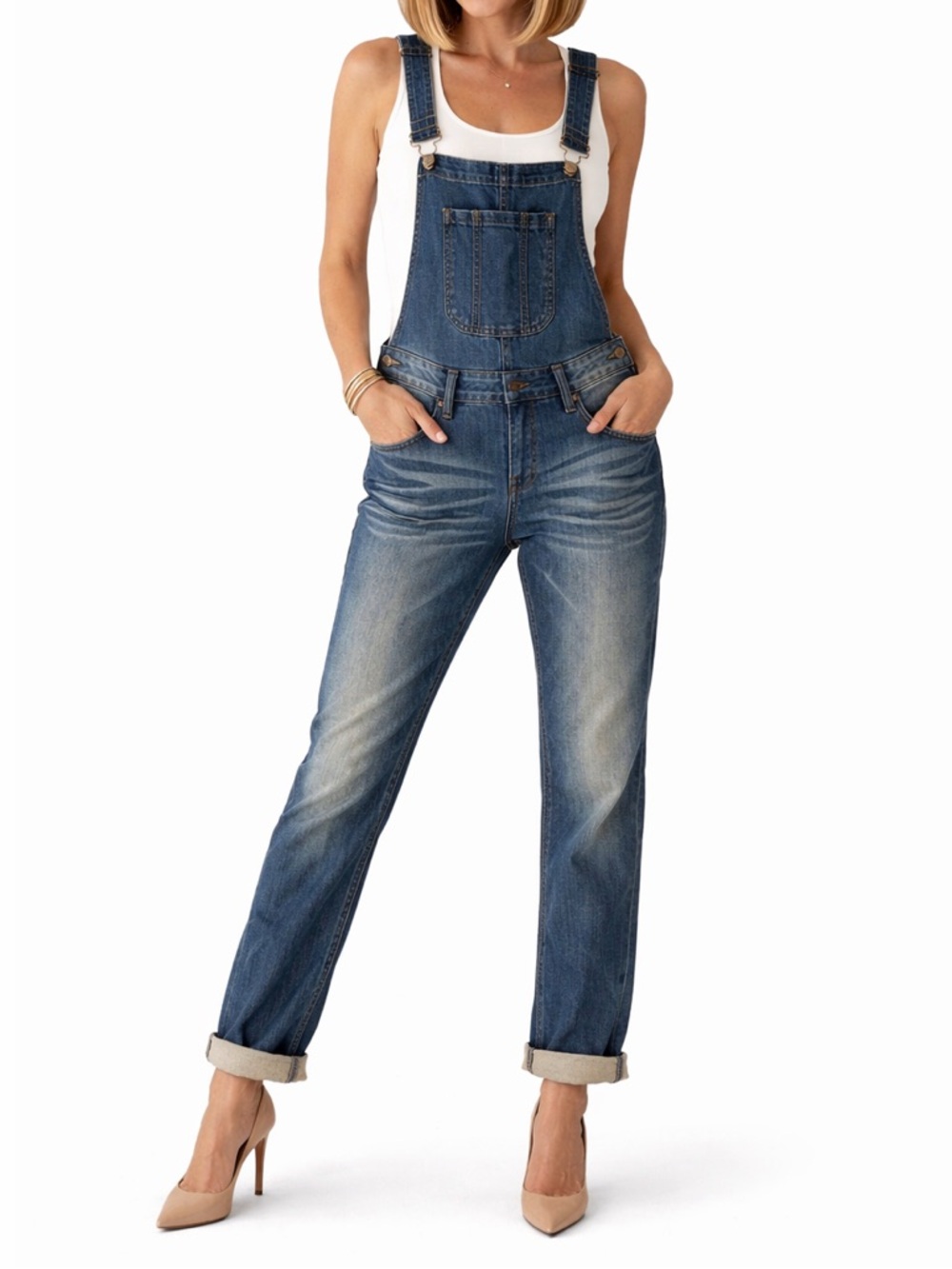Vintage Distressed Denim Overalls Women Cuffed Adjustable Straps